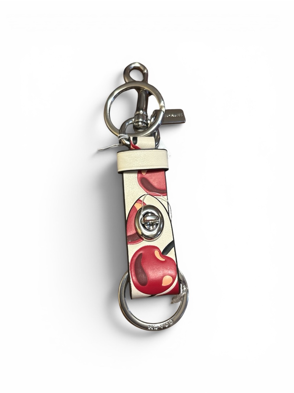 Coach Cream & Red Leather Cherry Key Ring with Silver Hardware NWT